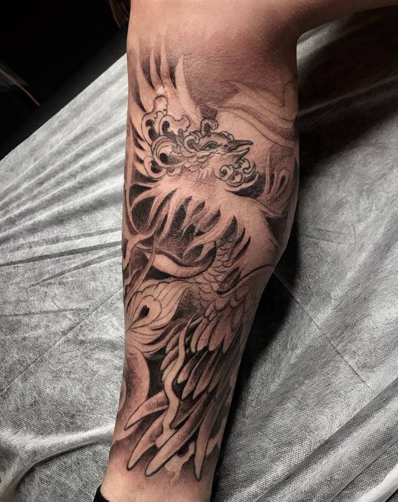 凤凰纹身纹身图片_腿部新传统纹身图案