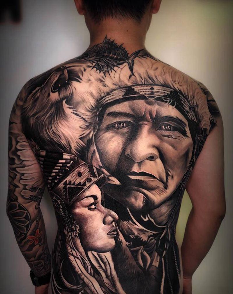 印第安人纹身图片_背部欧美写实纹身图案