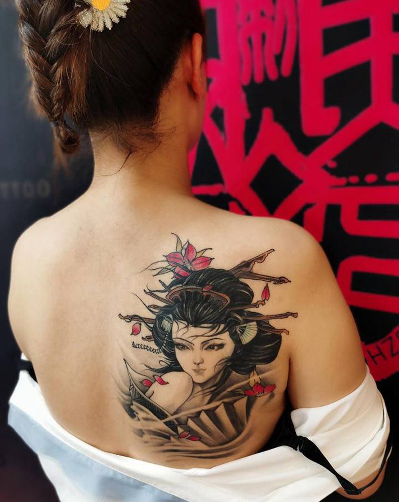 艺妓纹身图片_肩部老传统纹身图案