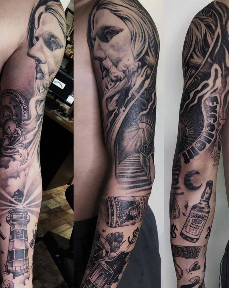 花臂纹身图片_背部手臂欧美写实纹身图案