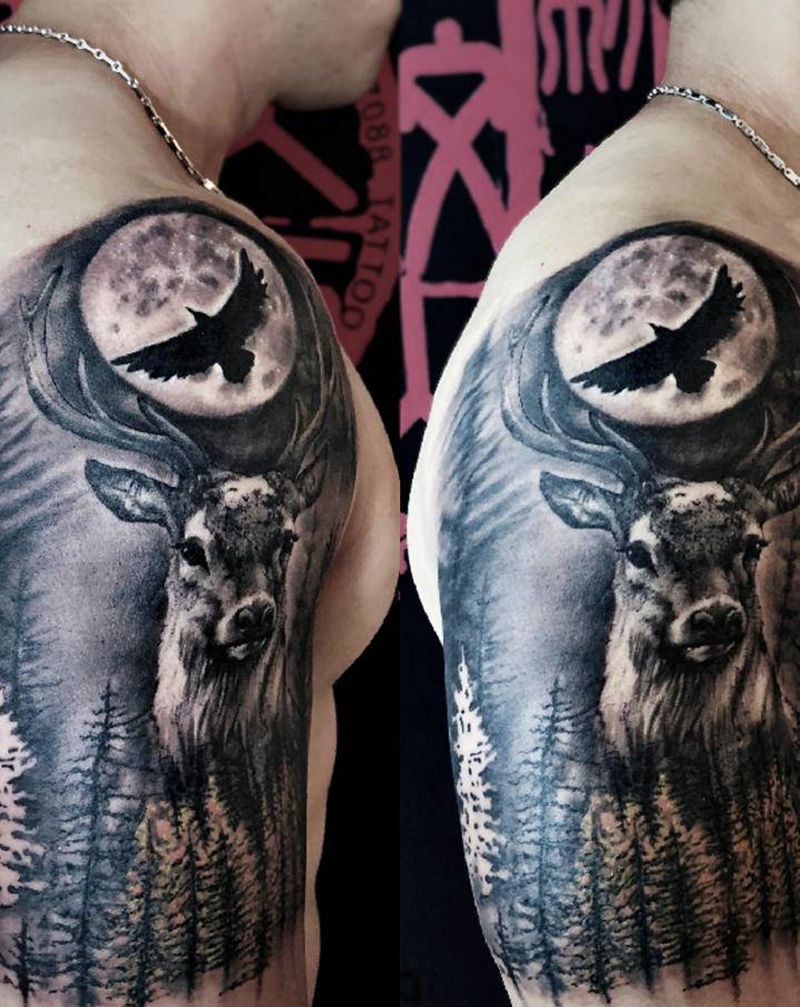 鹿纹身图片_手臂老传统纹身图案