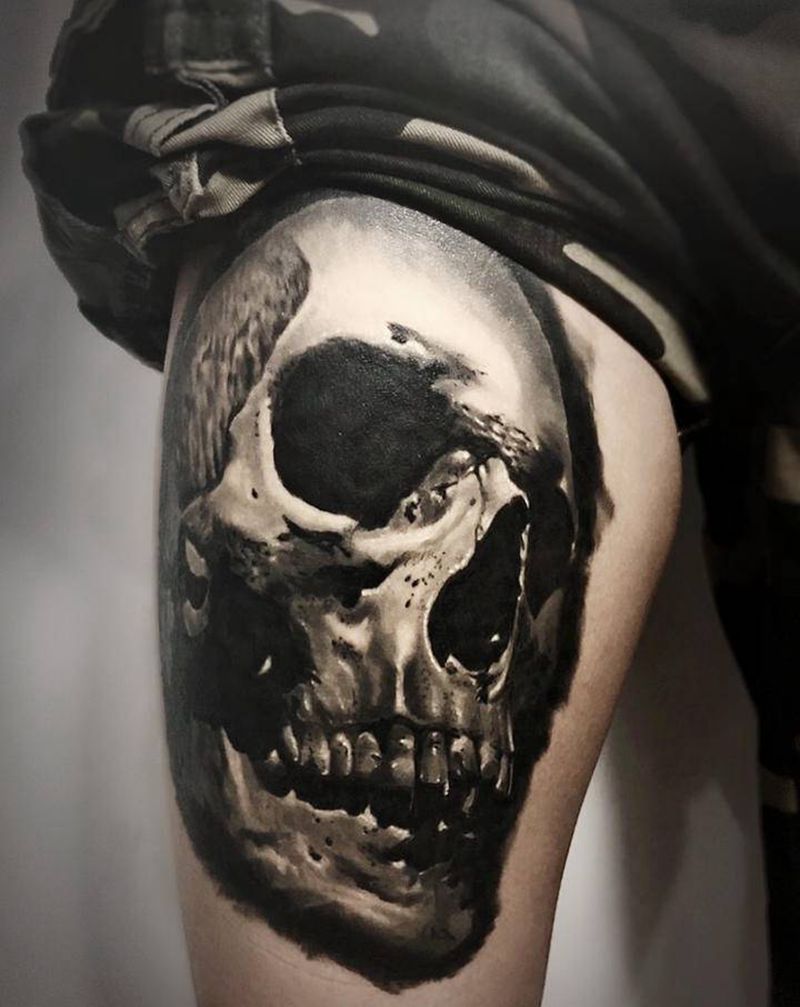 骷髅纹身图片_腿部欧美写实纹身图案