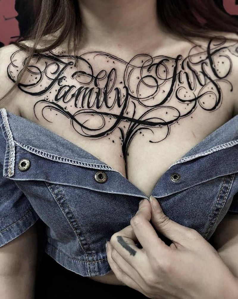 花体字纹身图片_胸部花体字纹身图案