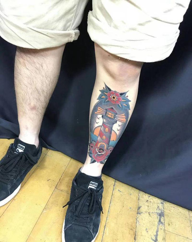 灯塔纹身图片_腿部Old School纹身图案