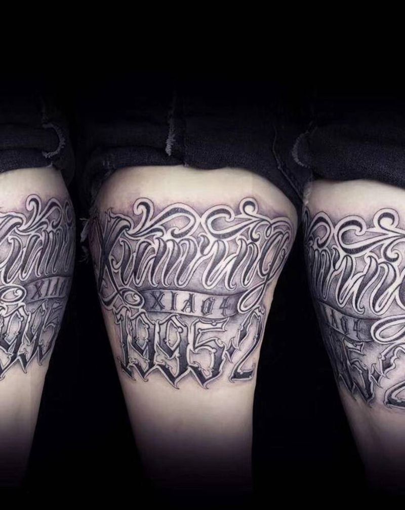 字体纹身图片_腿部花体字纹身图案