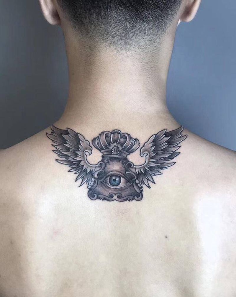 眼睛纹身图片_颈部纹身图案