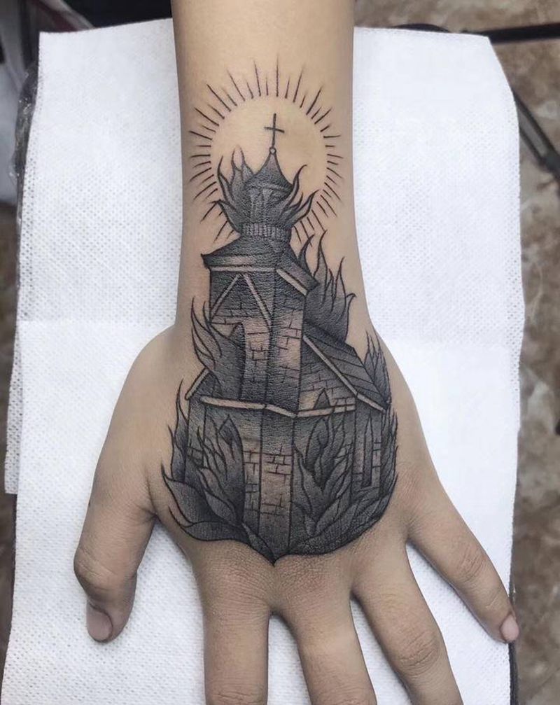 教堂纹身图片_手部Old School纹身图案