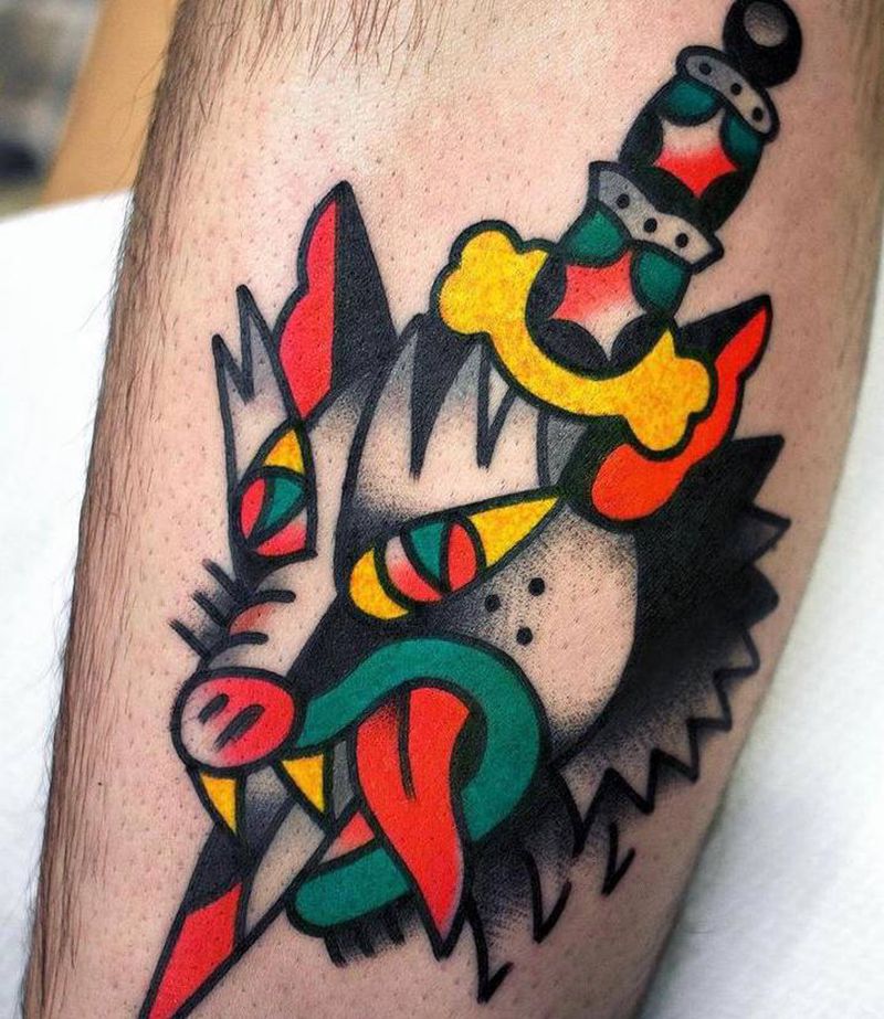 小狼纹身图片_Old School纹身图案