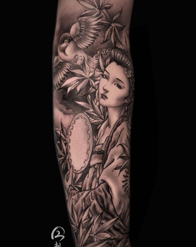 《云雀相思》纹身图片_手臂新传统水墨仕女人物美人纹身图案