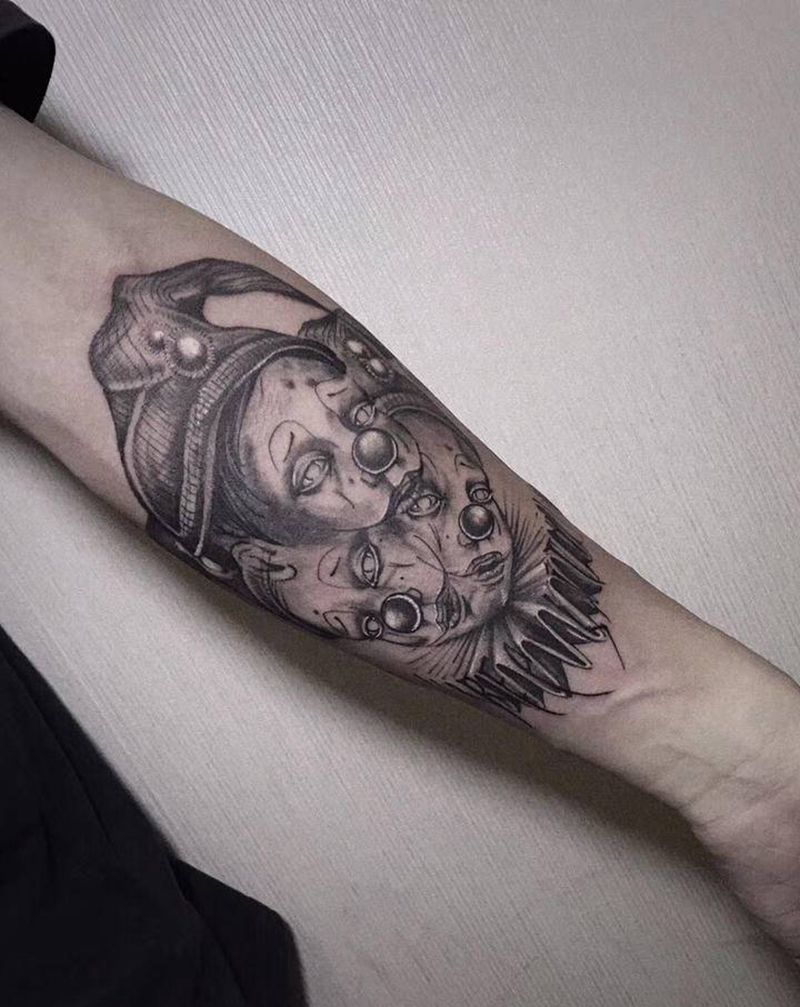 重影小丑纹身图片_手臂欧美写实纹身图案