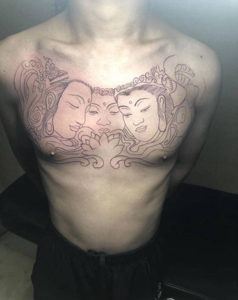 线条纹身图片_胸部新传统纹身图案