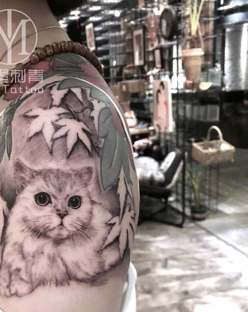 猫纹身图片_手臂背部欧美写实新传统纹身图案