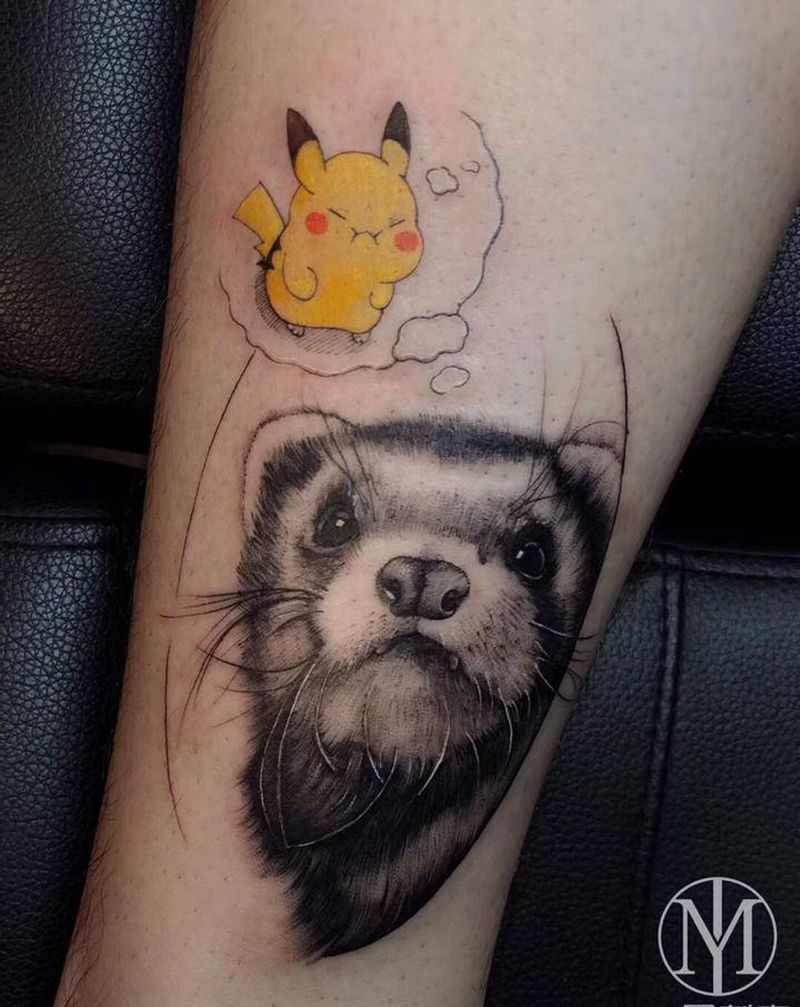萌宠雪貂纹身图片_手臂腿部欧美写实点刺纹身图案