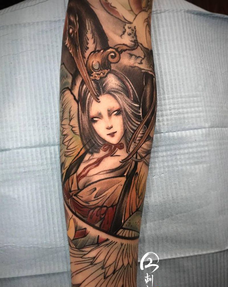《鹤女》纹身图片_手臂新传统古风鹤女今刺古青纹身图案