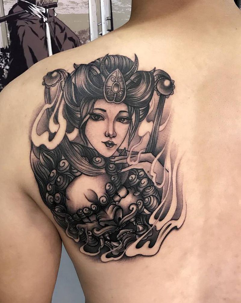 明月艺伎纹身纹身图片_肩部背部老传统新传统纹身图案