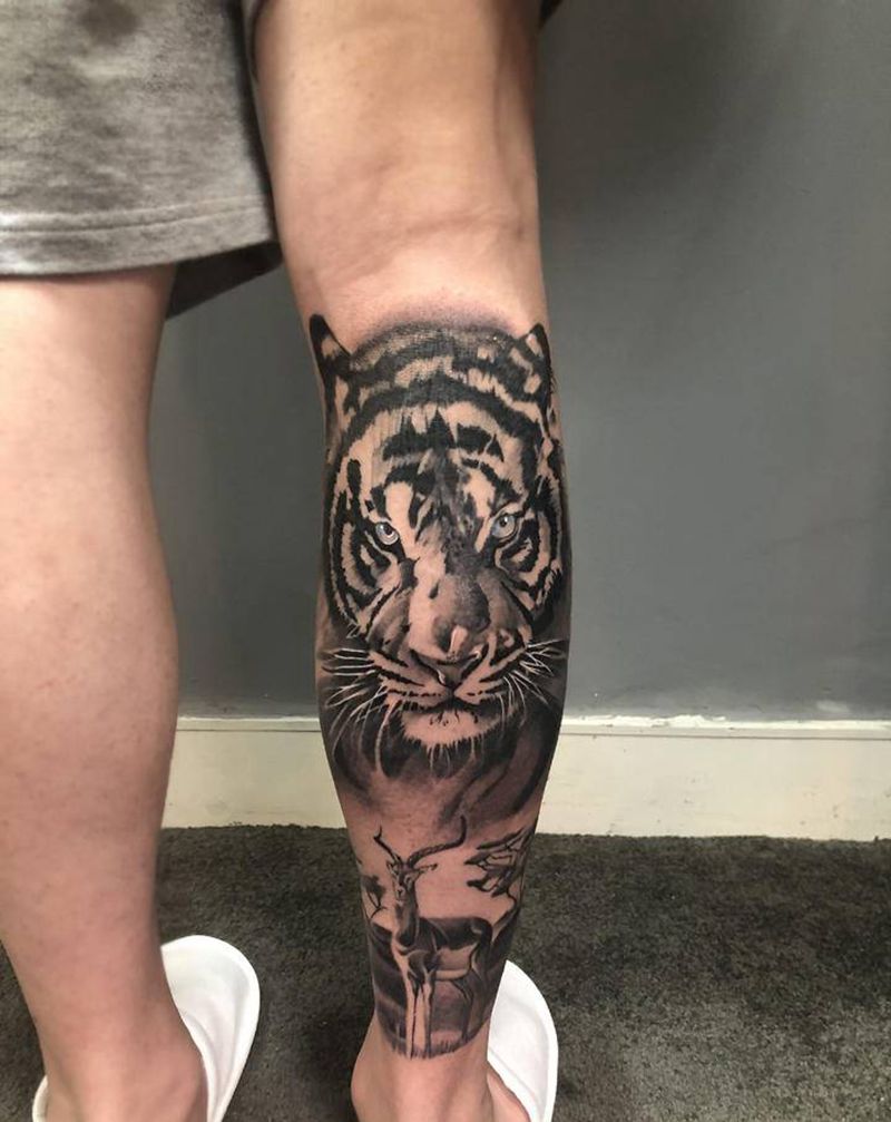 写实老虎纹身图片_腿部脚部欧美写实新传统老虎 写实纹身图案