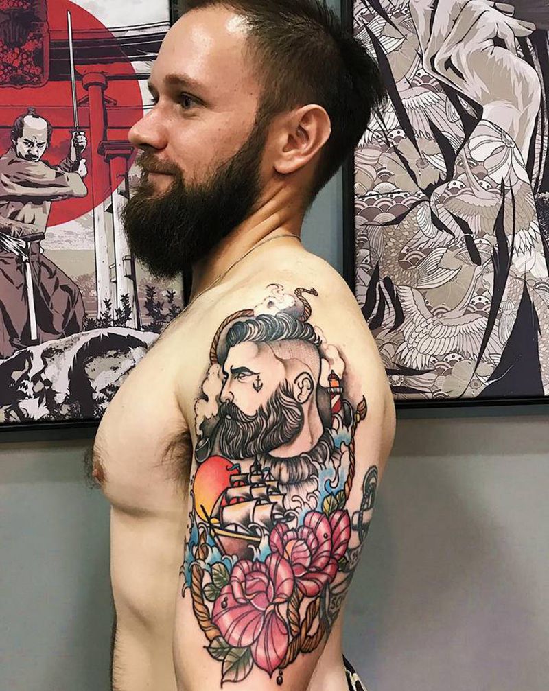 大臂Old schoolman纹身图片_肩部手臂老传统Old School玫瑰花水浪纹身图案