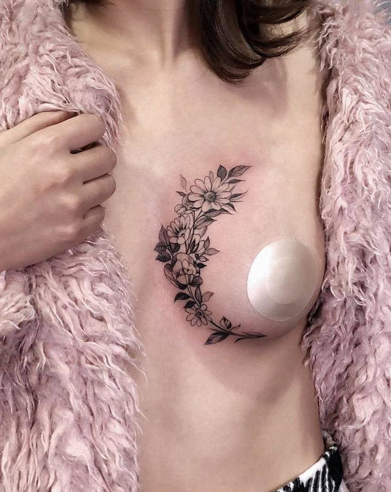 素花胸花纹身图片_胸部肩部新传统点刺素花小清新纹身图案