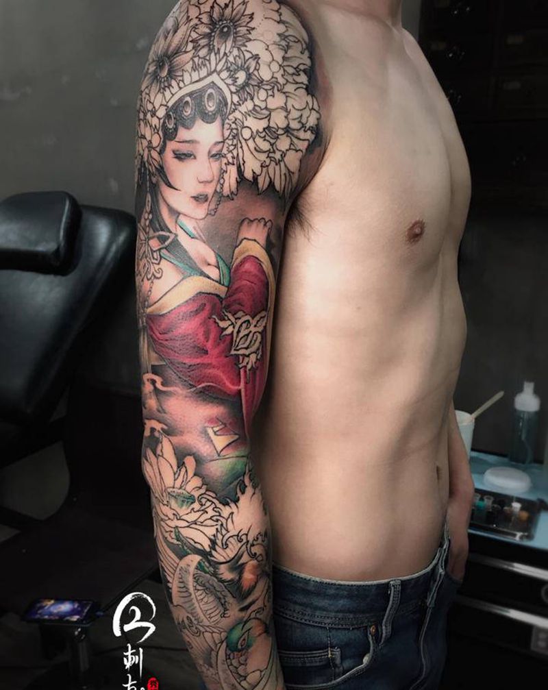 《牡丹亭》纹身图片_手臂新传统美人艺伎今刺古青纹身图案