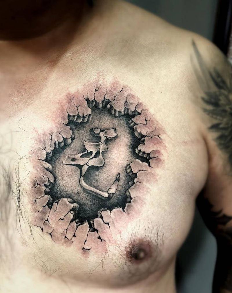 3D地裂汉字纹身图片_胸部老传统花体字汉字立体3D纹身图案