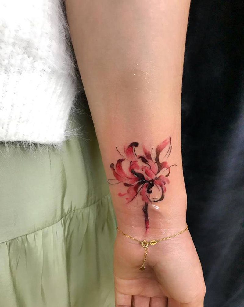 彼岸花纹身图片_手臂水彩彼岸花纹身图案