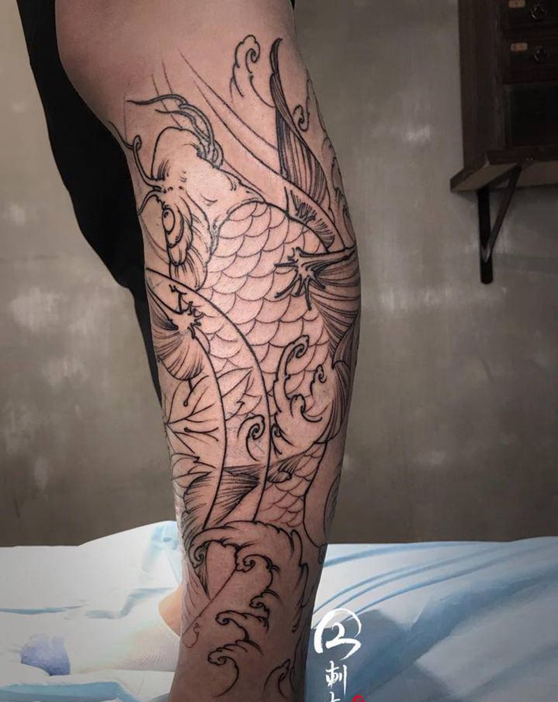 线纹身图片_腿部新传统鱼 牡丹纹身图案