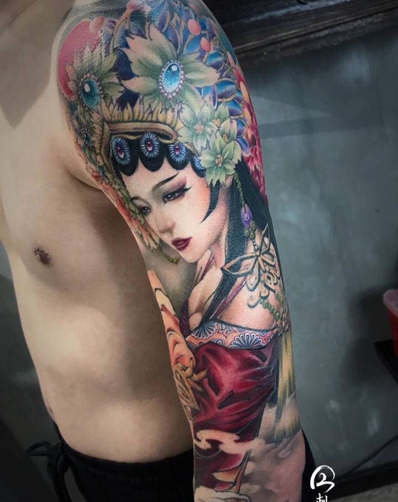 《牡丹亭》纹身图片_手臂新传统美人仕女今刺古青纹身图案