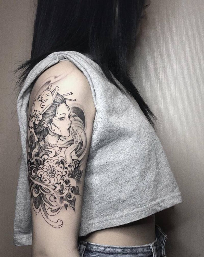 艺妓纹身图片_手臂新传统纹身图案