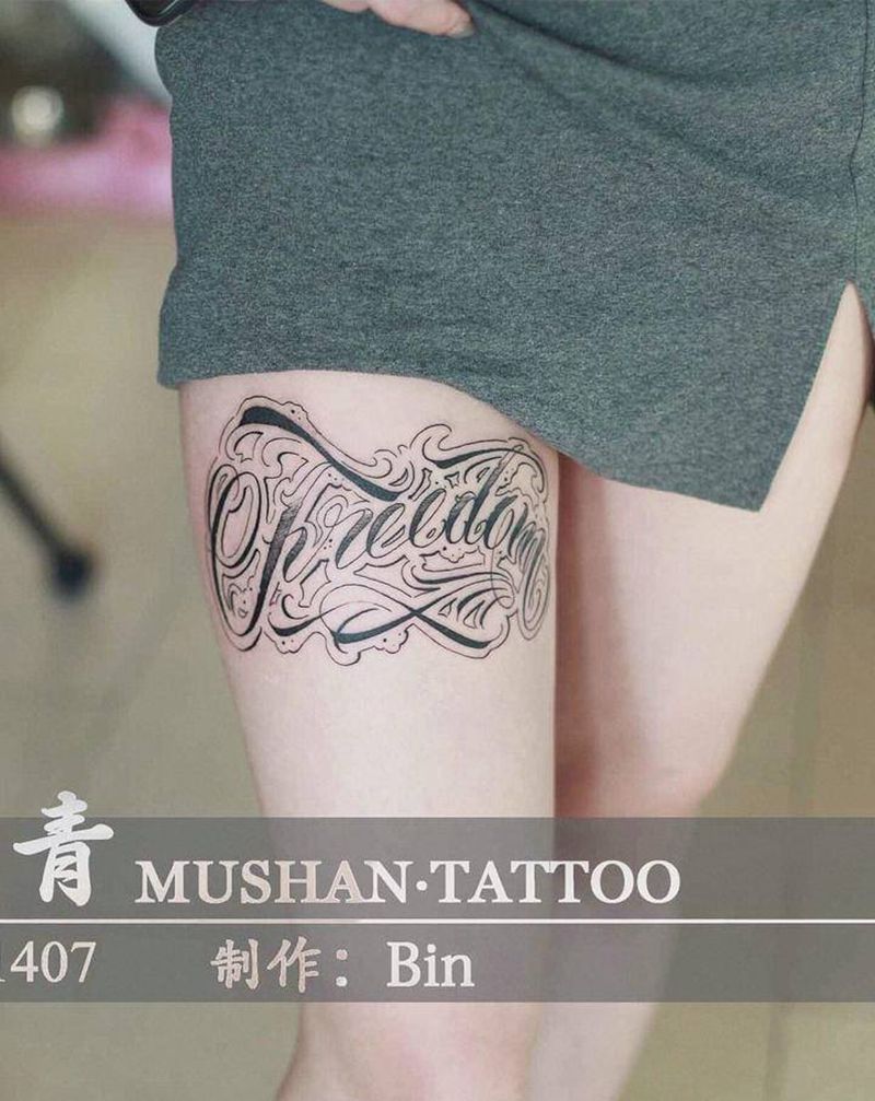 花体字，自由纹身图片_腿部纹身图案