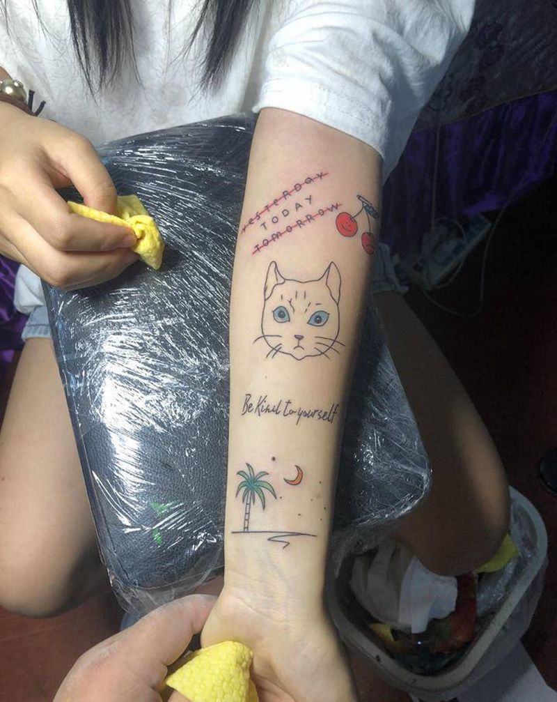 猫纹身图片_手臂手部老传统Old School纹身图案