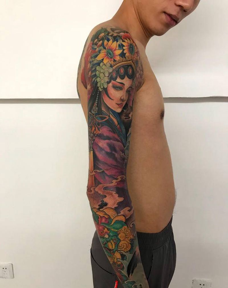 花旦的花臂纹身图片_手臂新传统老传统花旦花旦花臂纹身图案