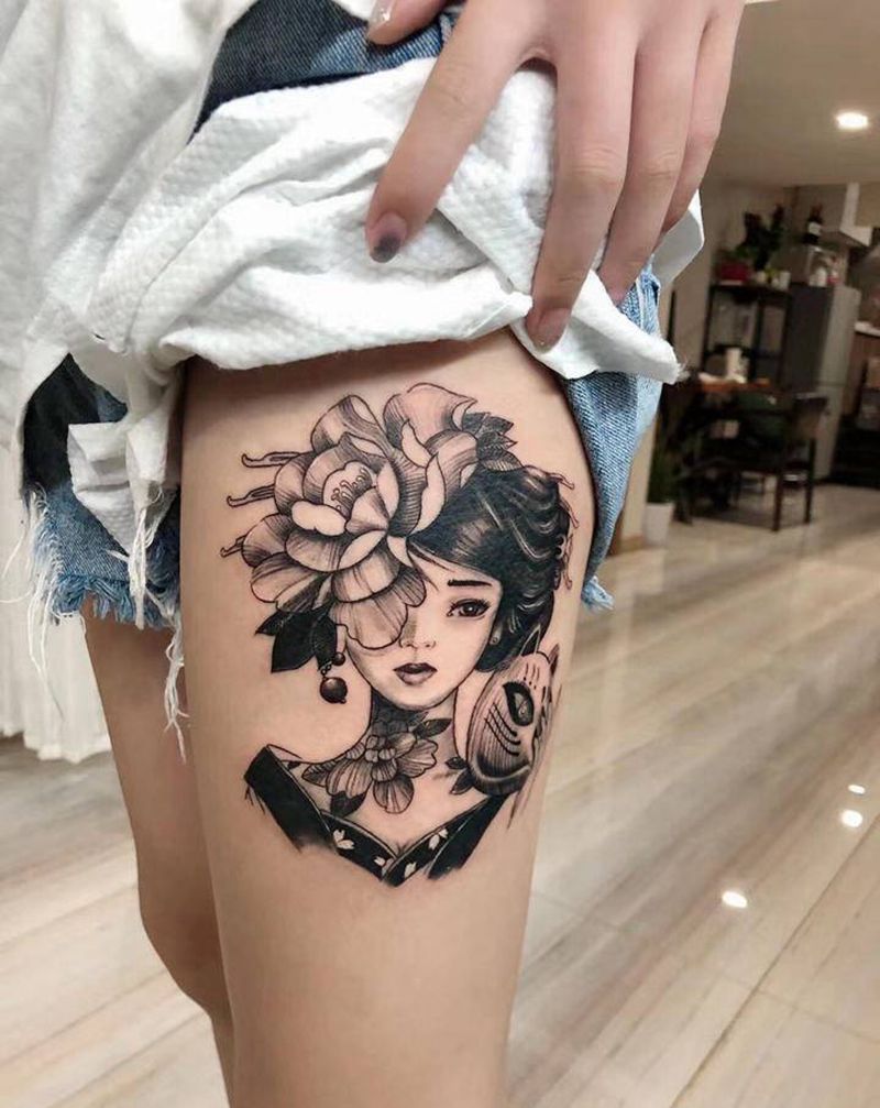 姑娘纹身图片_腿部纹身图案