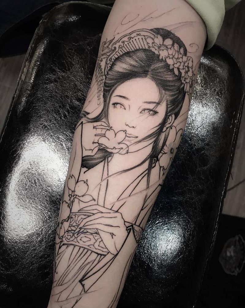 拈花一笑不负卿纹身图片_新传统今刺古青仕女艺妓纹身图案