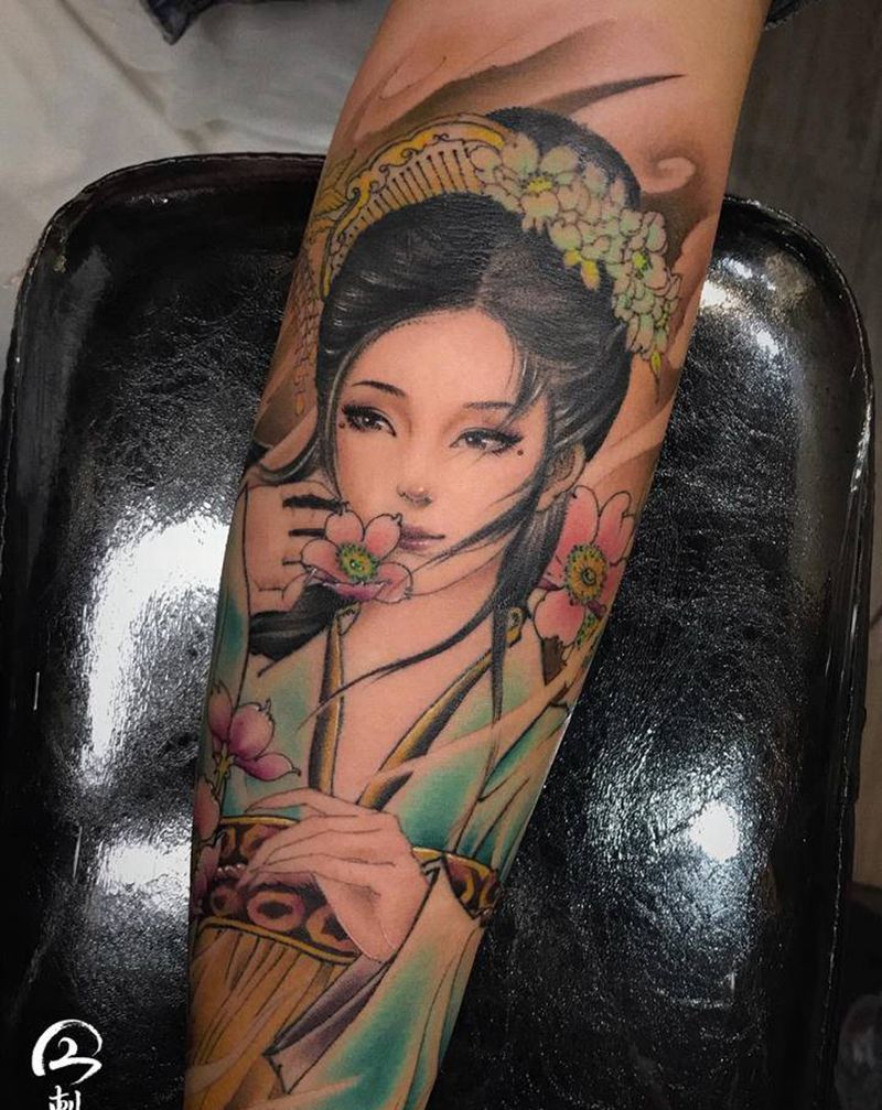 拈花一笑不负卿纹身图片_手臂新传统国风美人艺伎纹身图案