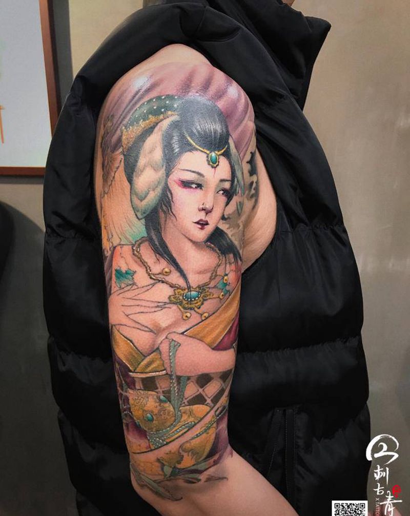 《玉兔仙子》纹身图片_手臂新传统玉兔仙子今刺古青国风美人纹身图案