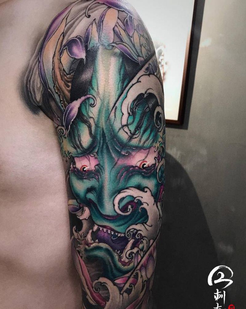 般若纹身图片_手臂新传统般若菊花大臂纹身图案