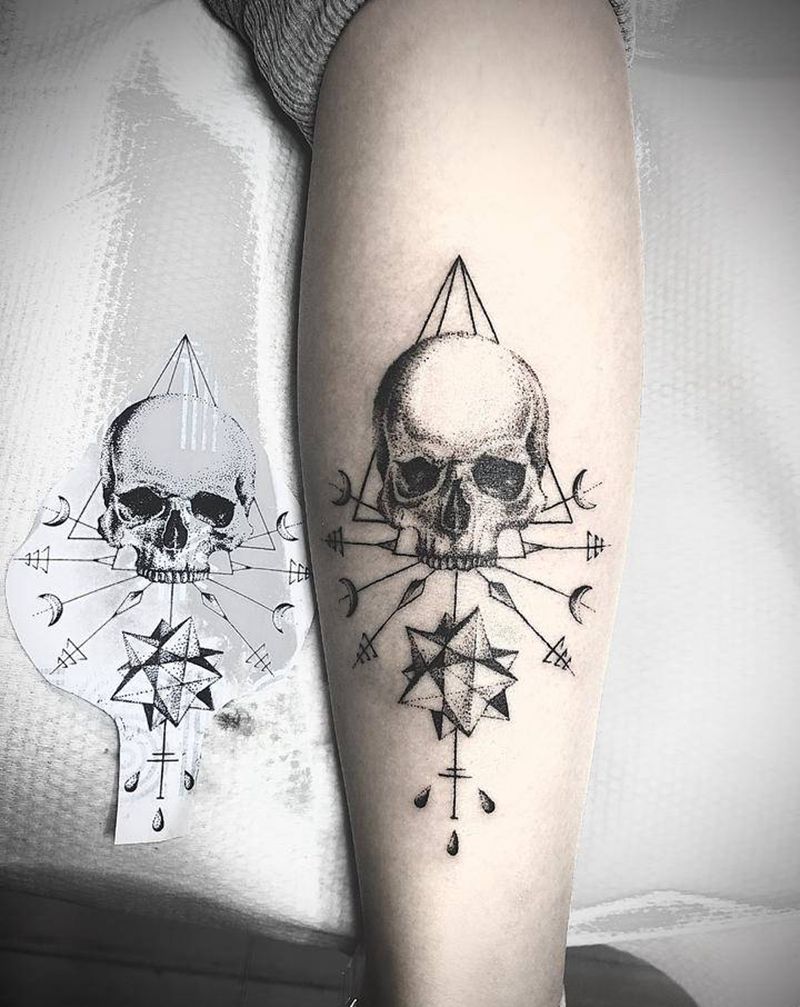 点刺骷髅纹身图片_腿部点刺纹身图案