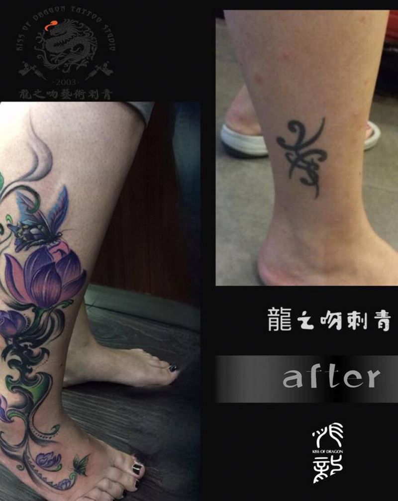 莲花图腾遮盖旧纹身纹身图片_腿部新传统纹身图案