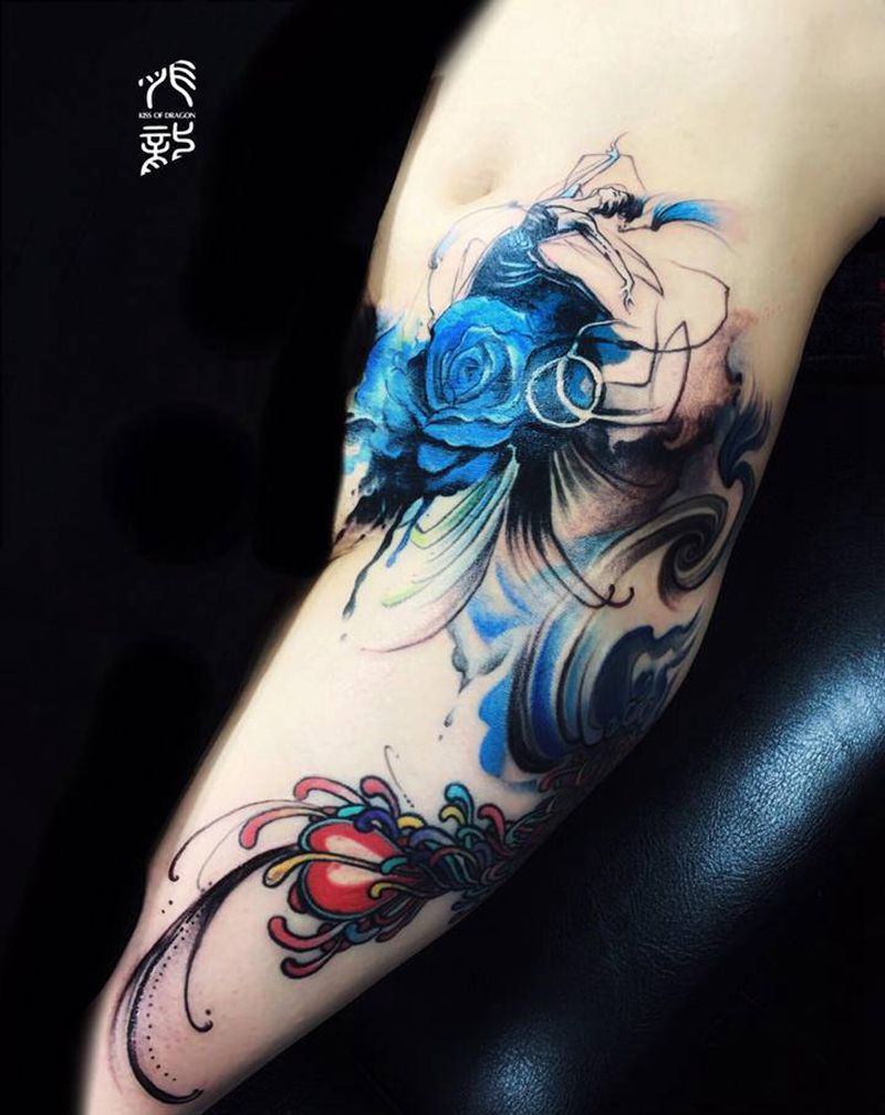 玫瑰精灵遮盖旧纹身纹身图片_腹部腿部新传统纹身图案