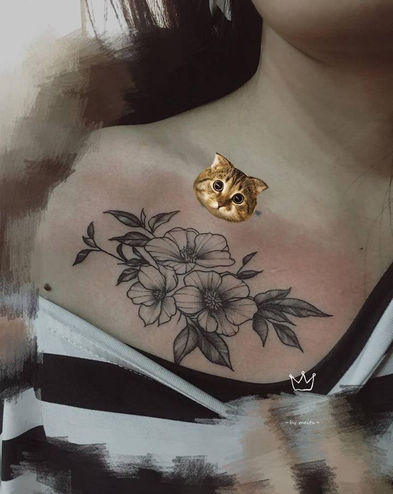 锁骨素花纹身图片_肩部颈部点刺素花纹身图案