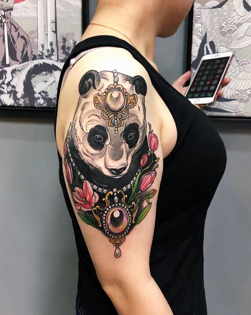 大臂new school熊猫纹纹身图片_肩部手臂新传统New School纹身图案