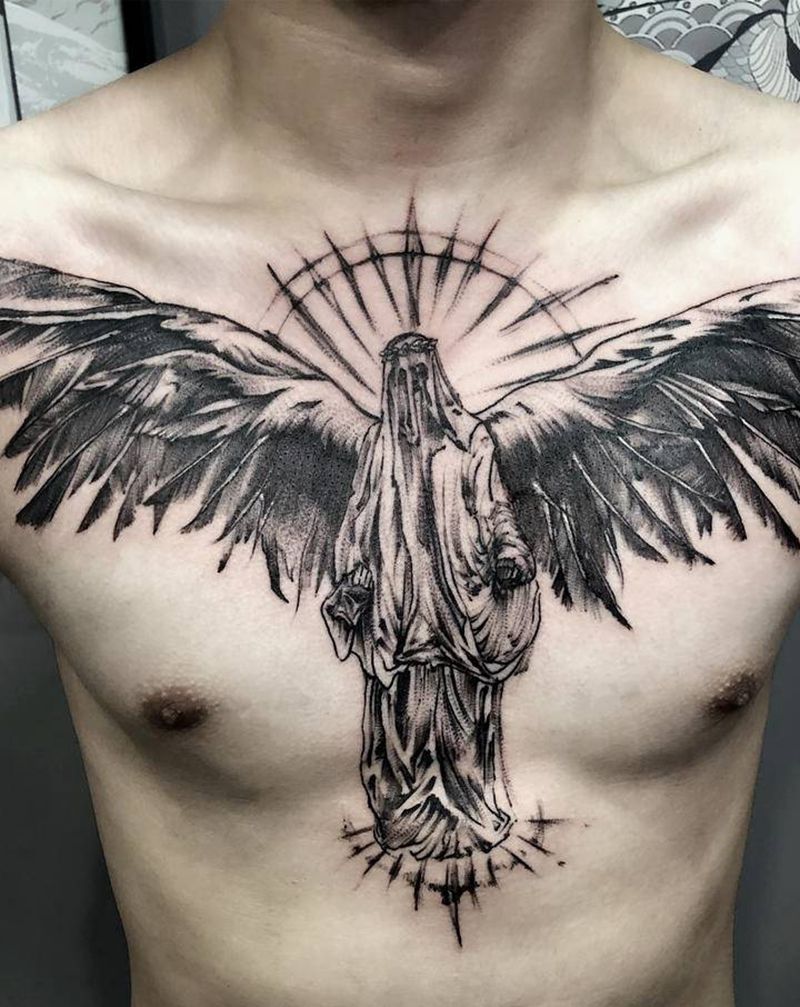 暗黑写实花胸纹身图片_胸部肩部欧美写实点刺暗黑 花胸纹身图案