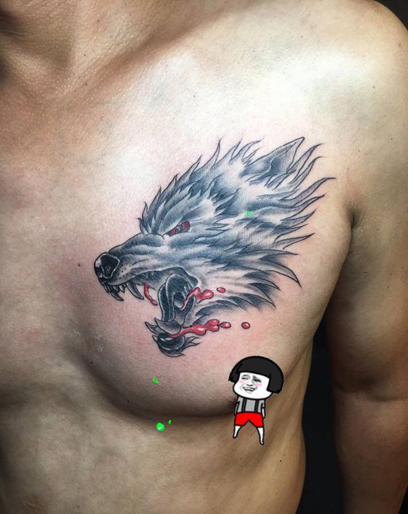 经典狼头纹身图片_胸部新传统滴血狼头纹身图案