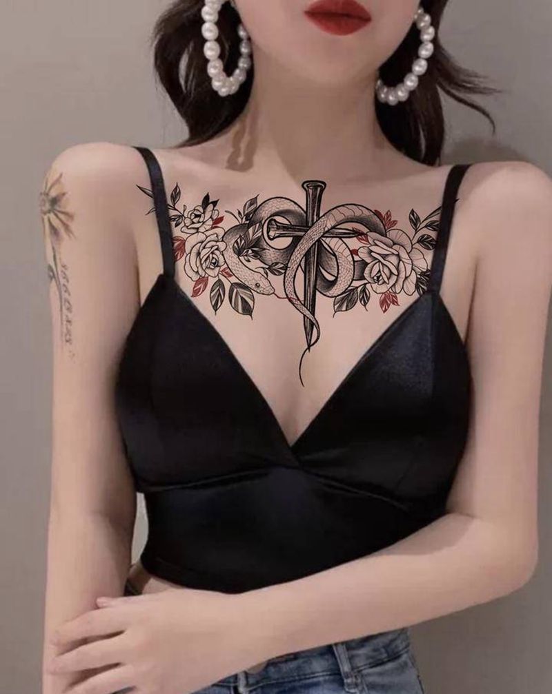 蛇魔花，纹身手稿纹身图片_胸部腹部新传统欧美写实蛇十字架纹身图案