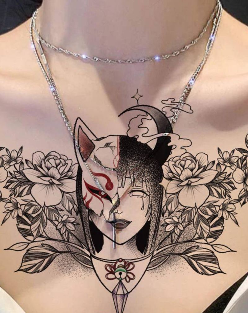 狐面女纹身手稿纹身图片_胸部腹部纹身图案