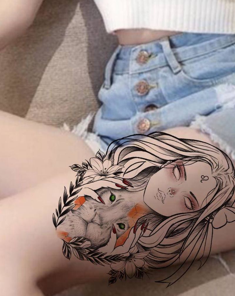 狮子座纹身手稿纹身图片_腿部手臂纹身图案