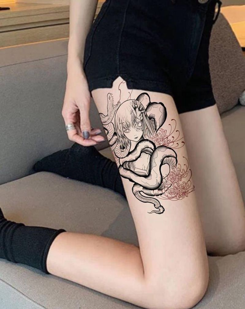 地狱魔蛇女纹身手稿纹身图片_腿部手臂纹身图案