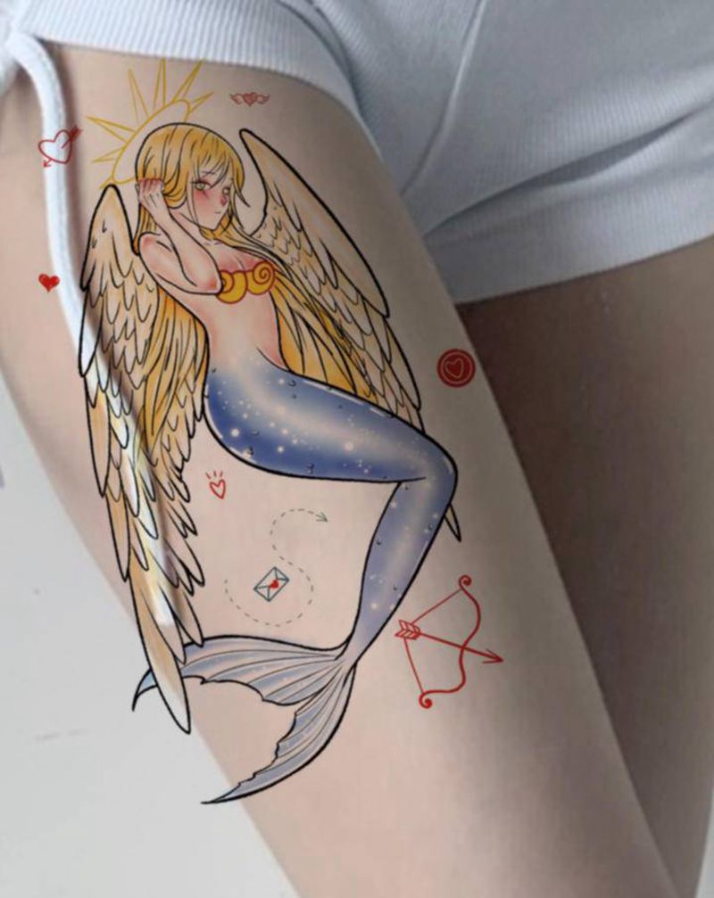 天使美人鱼纹身手稿纹身图片_腿部手臂纹身图案