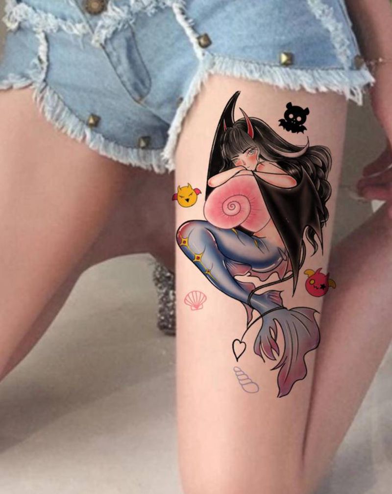 恶魔美人鱼纹身手稿纹身图片_腿部手臂纹身图案