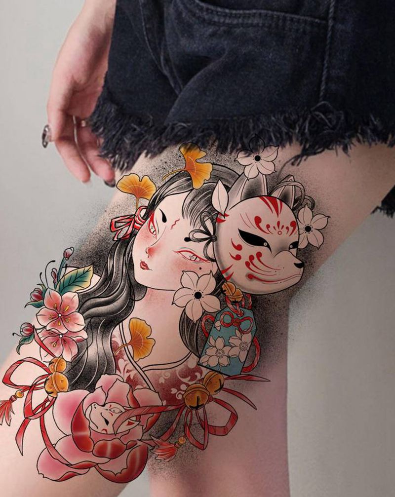 狐面少女纹身手稿纹身图片_腿部手臂纹身图案